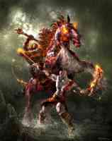 kratos fighting flaming man riding fiery horse