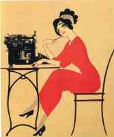lady in red dress at typewriter