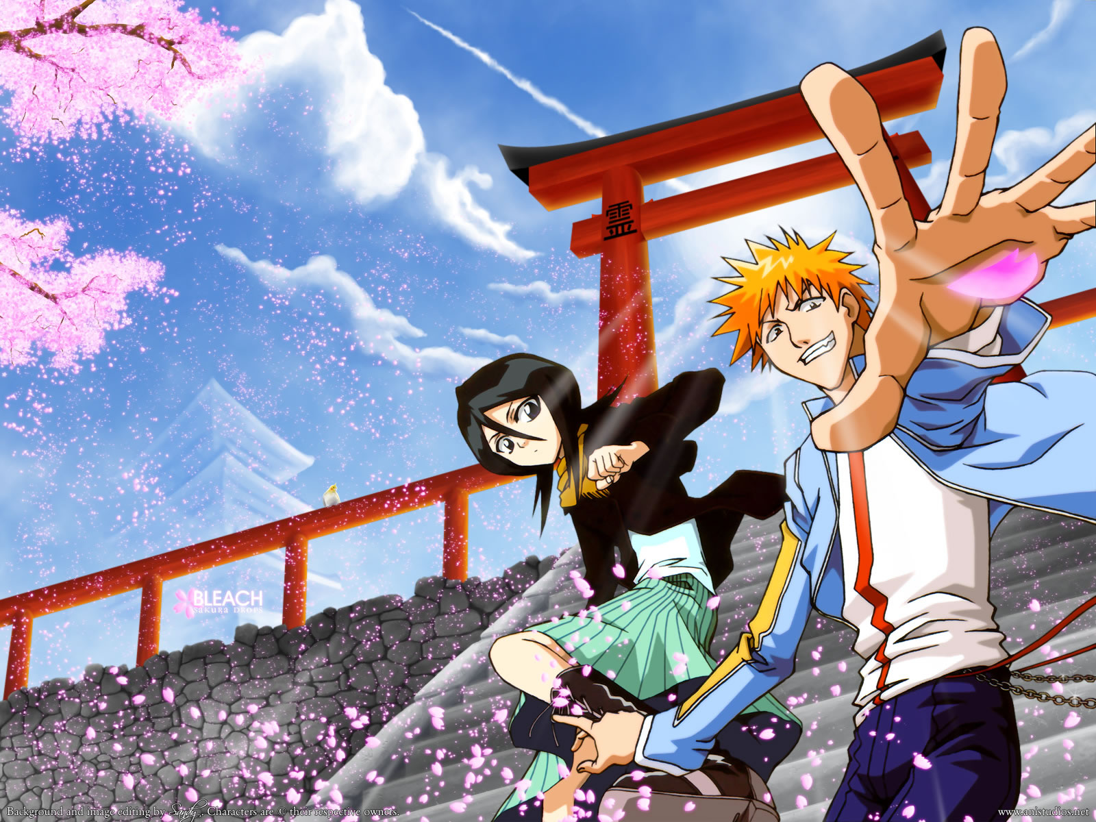 Ichigo And Rukia At Temple Steps With Cherry Blossom - Bleach Wallpaper