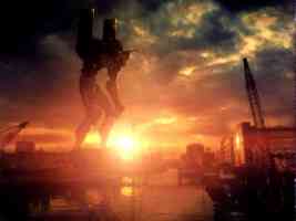 huge mech standing over city at sunset