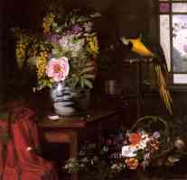 a still life with vase basket and parrot