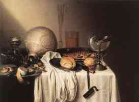 still life with a bearded man crock and a nautilus shell cup