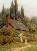 children on a path outside a thatched cottage west horsley surrey