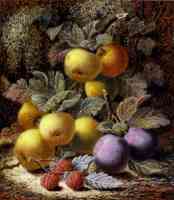 still life with apples plums and raspberries