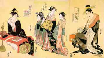 geisha girls walking and performing calligraphy