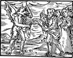woodcut showing ritual of public pact with devil