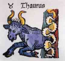 hand coloured woodcut of taurus the bull