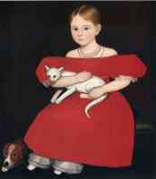 portrait of girl in red dress with cat and dog