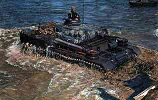 Panzer III tank crossing a river