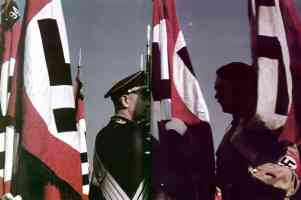 hitler in shadow enveloped by nazi flags