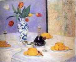 tulips and yellow tea service