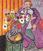portrait of woman in purple dress with vase of flowers