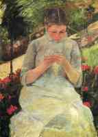 young woman sewing in a garden