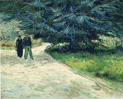 public garden with couple and blue fir tree
