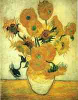 still life vase with fourteen sunflowers