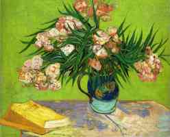 still life vase with oleanders and books