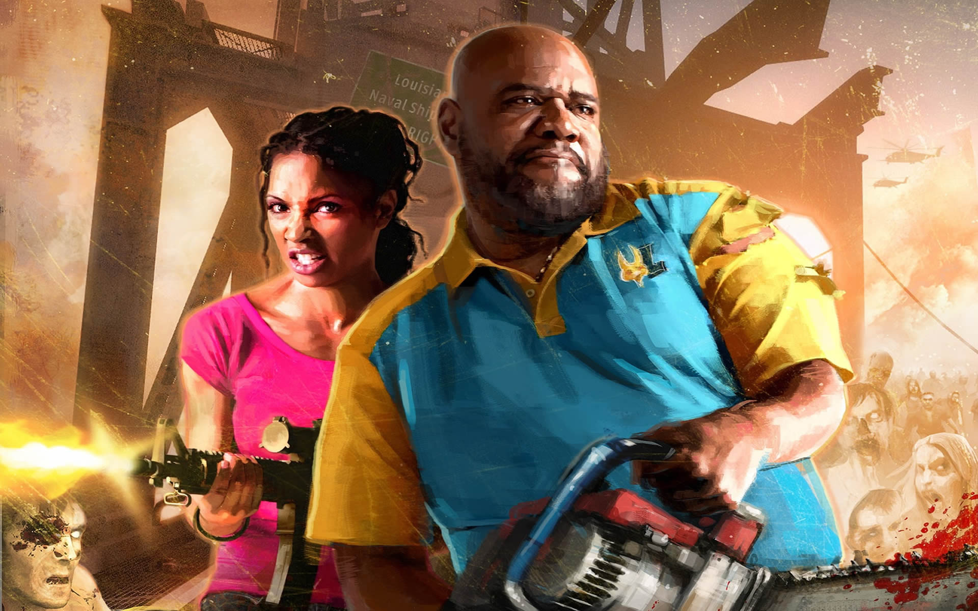 Coach And Rochelle With Chainsaw And Machine Gun Left 4 Dead 2 Wallpaper