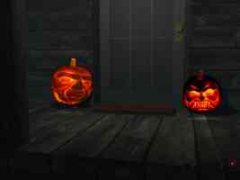 glowing pumpkins by door