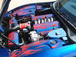 2003 Chevrolet Corvette Z06 Engine Blue with Red Flames Left Side Canterbury Village Car Show F