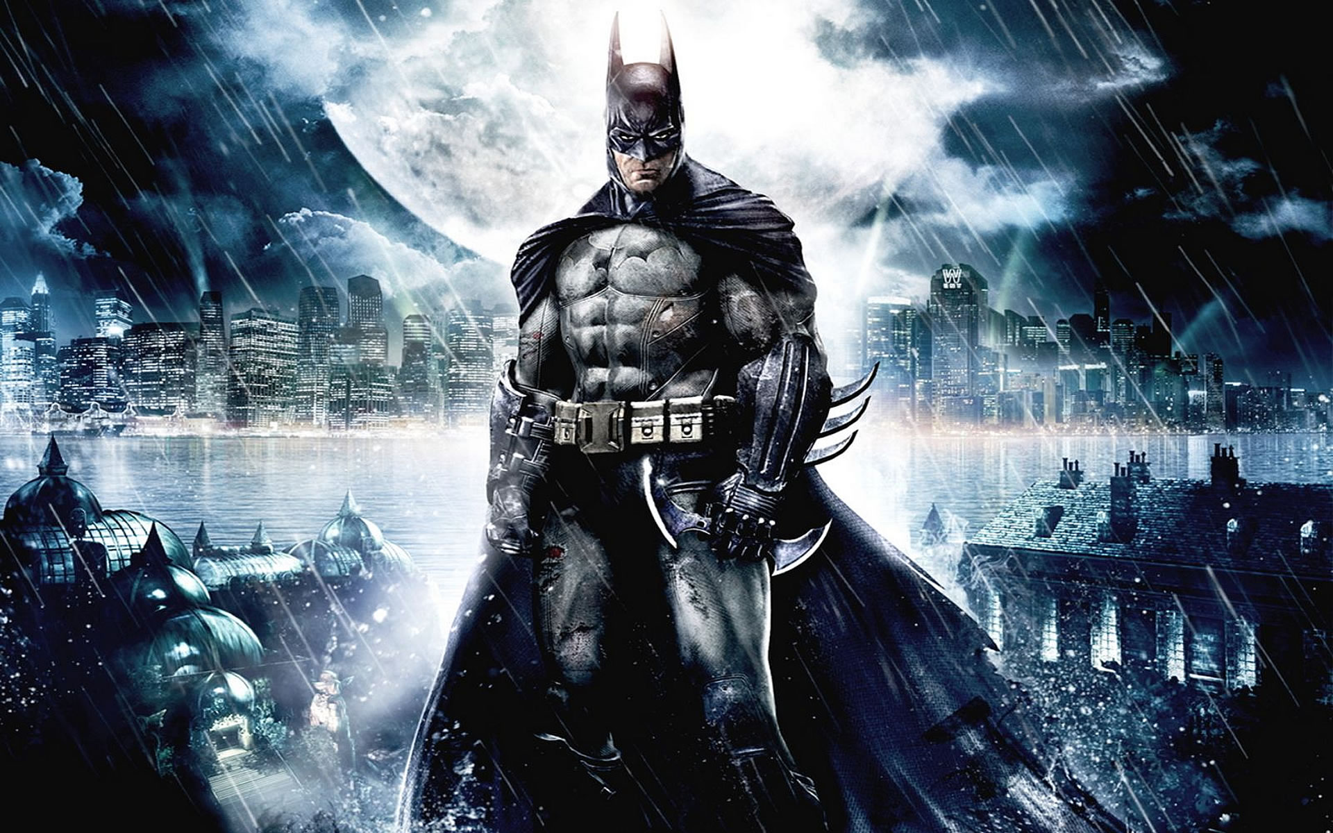 Batman Standing With Moon In Background - Batman Arkham Asylum Wallpaper